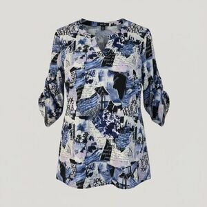 Style & Co Blouse XL Blue Ephemera Print Sheer Lined‎ Roll Tab Office Casual